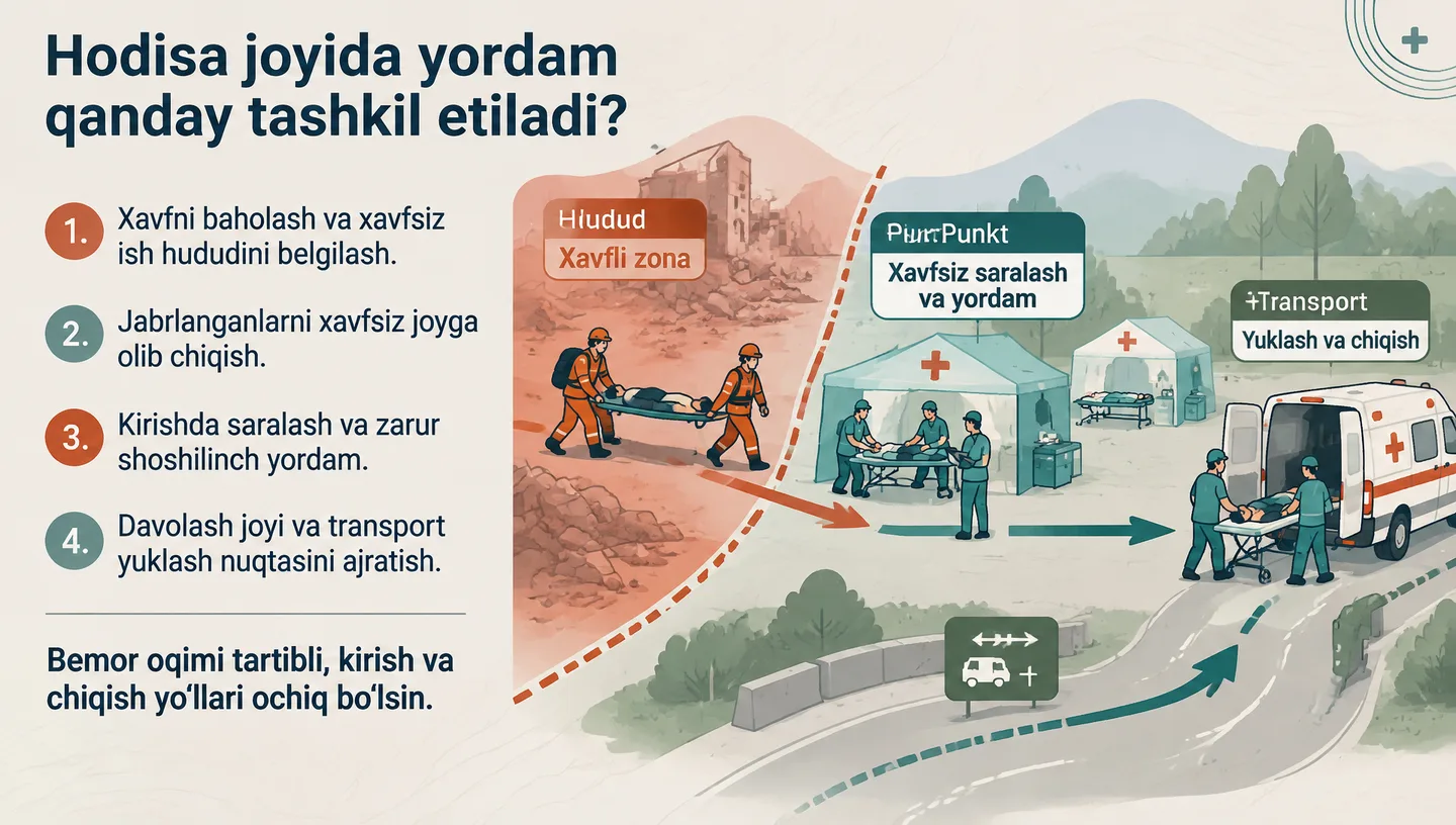 Hodisa joyida yordam qanday tashkil etiladi?