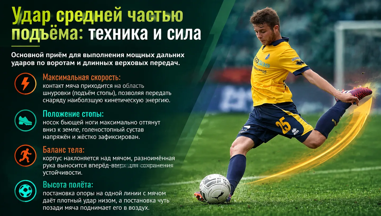 Удар средней частью подъёма: техника и сила