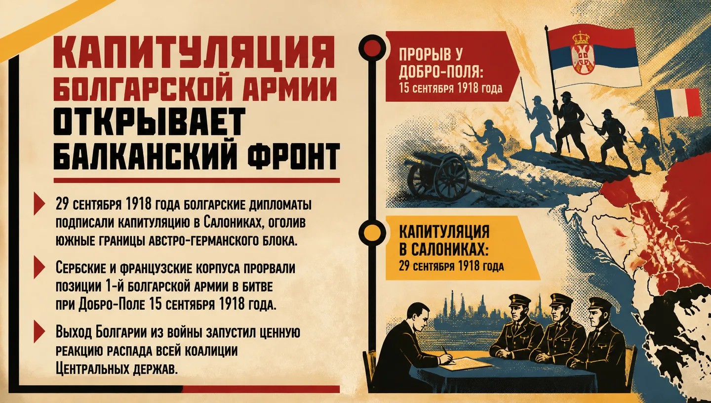 Капитуляция болгарской армии открывает балканский фронт