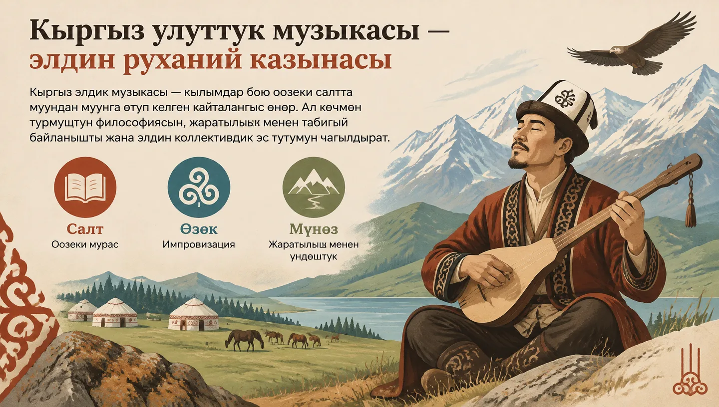 Первый слайд: Кыргыз улуттук музыкасы — элдин руханий казынасы