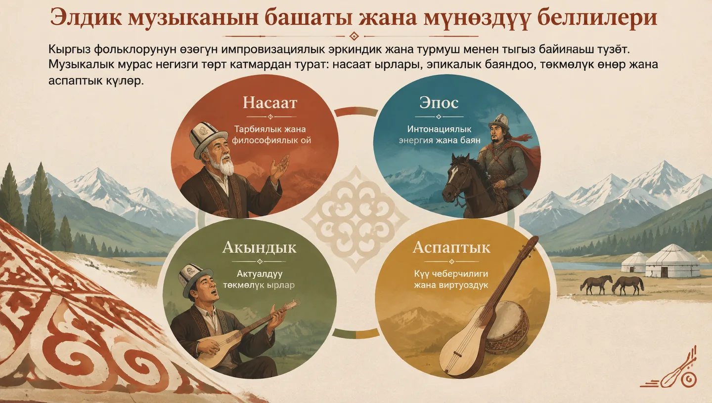 Элдик музыканын башаты жана мүнөздүү белгилери