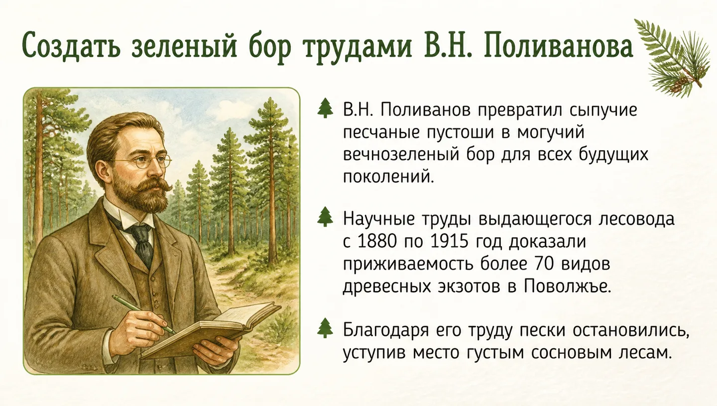 Создать зеленый бор трудами В.Н. Поливанова