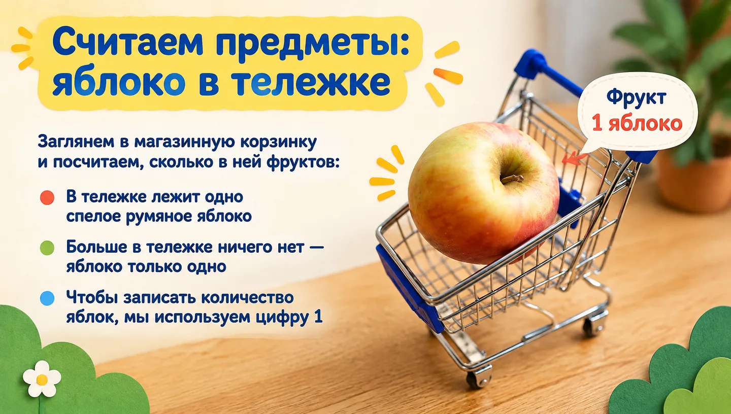 Считаем предметы: яблоко в тележке
