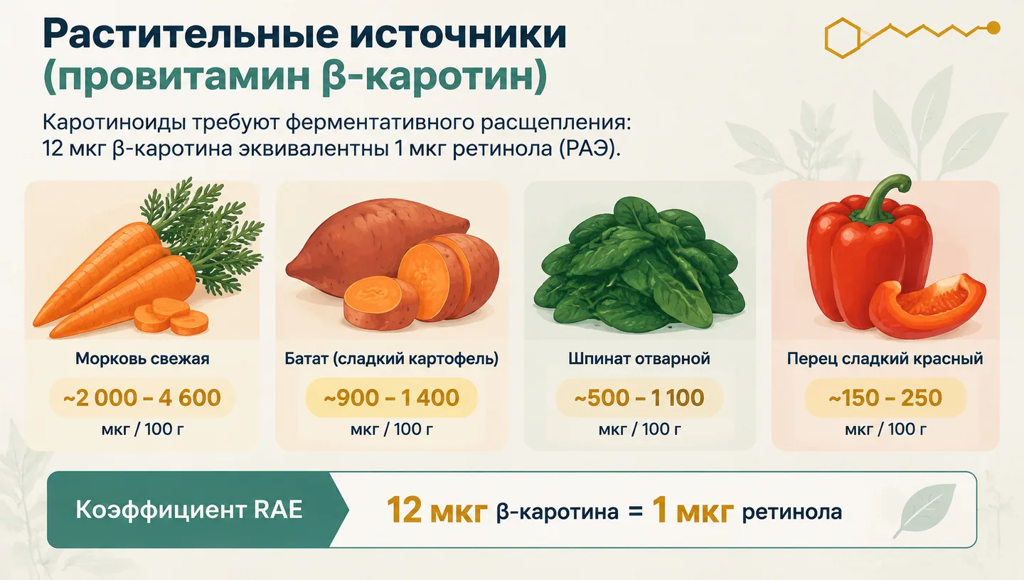 Растительные источники (провитамин β-каротин)