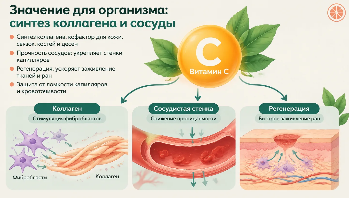 Значение для организма: синтез коллагена и сосуды