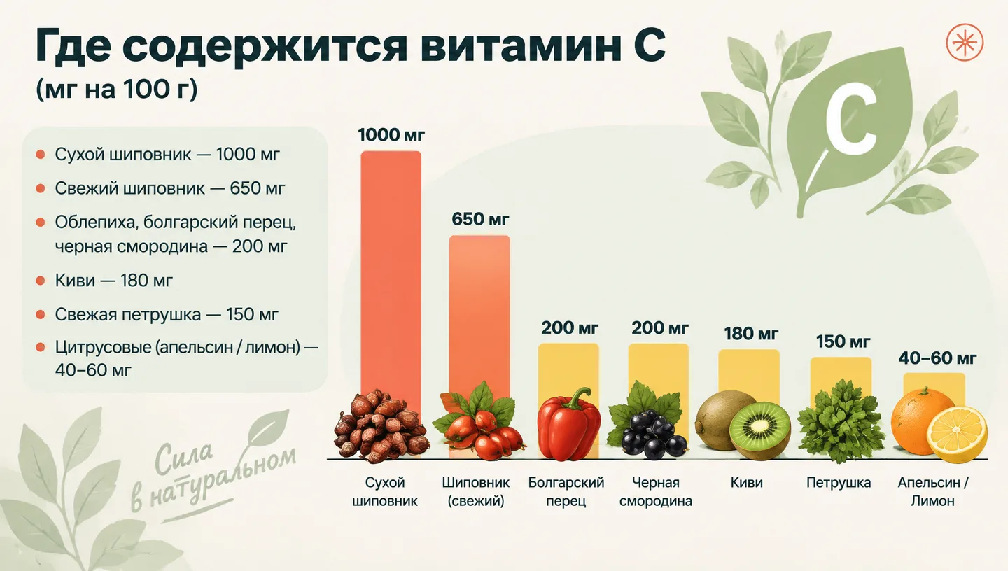 Где содержится витамин C (мг на 100 г)