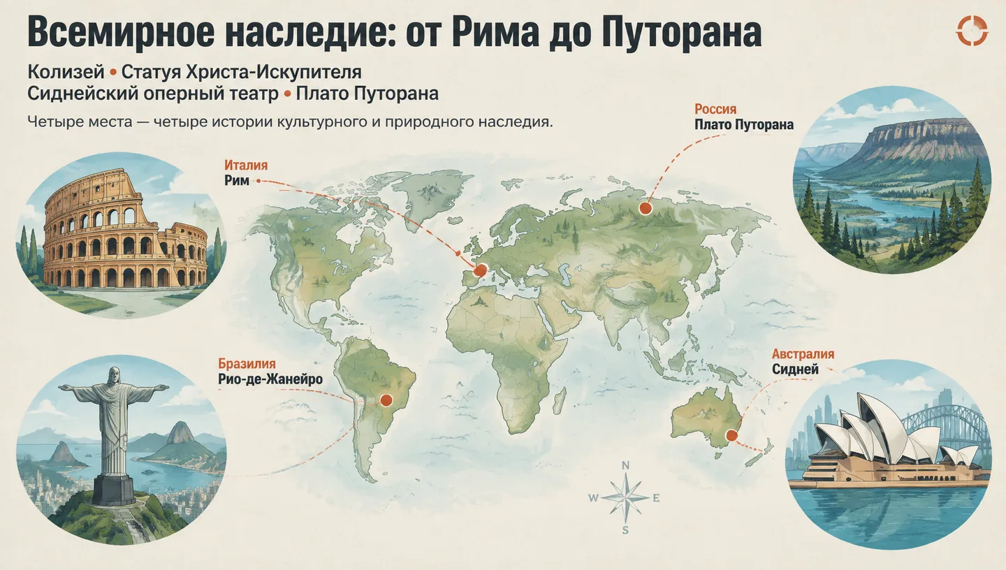 Первый слайд: Всемирное наследие: от Рима до Путорана