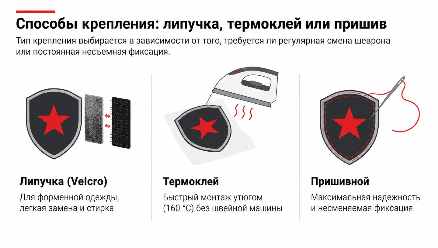 Способы крепления: липучка, термоклей или пришив