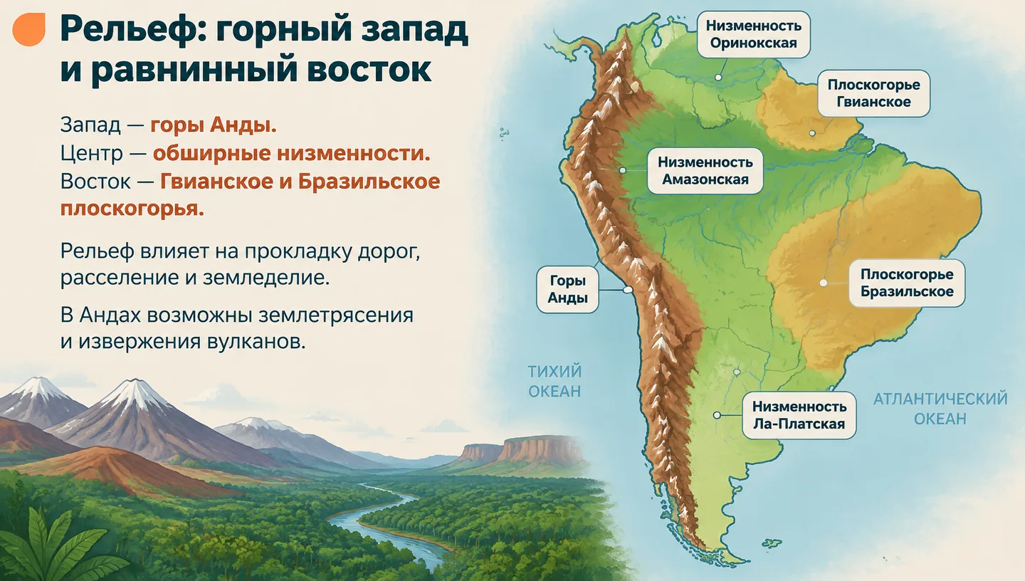 Рельеф: горный запад и равнинный восток