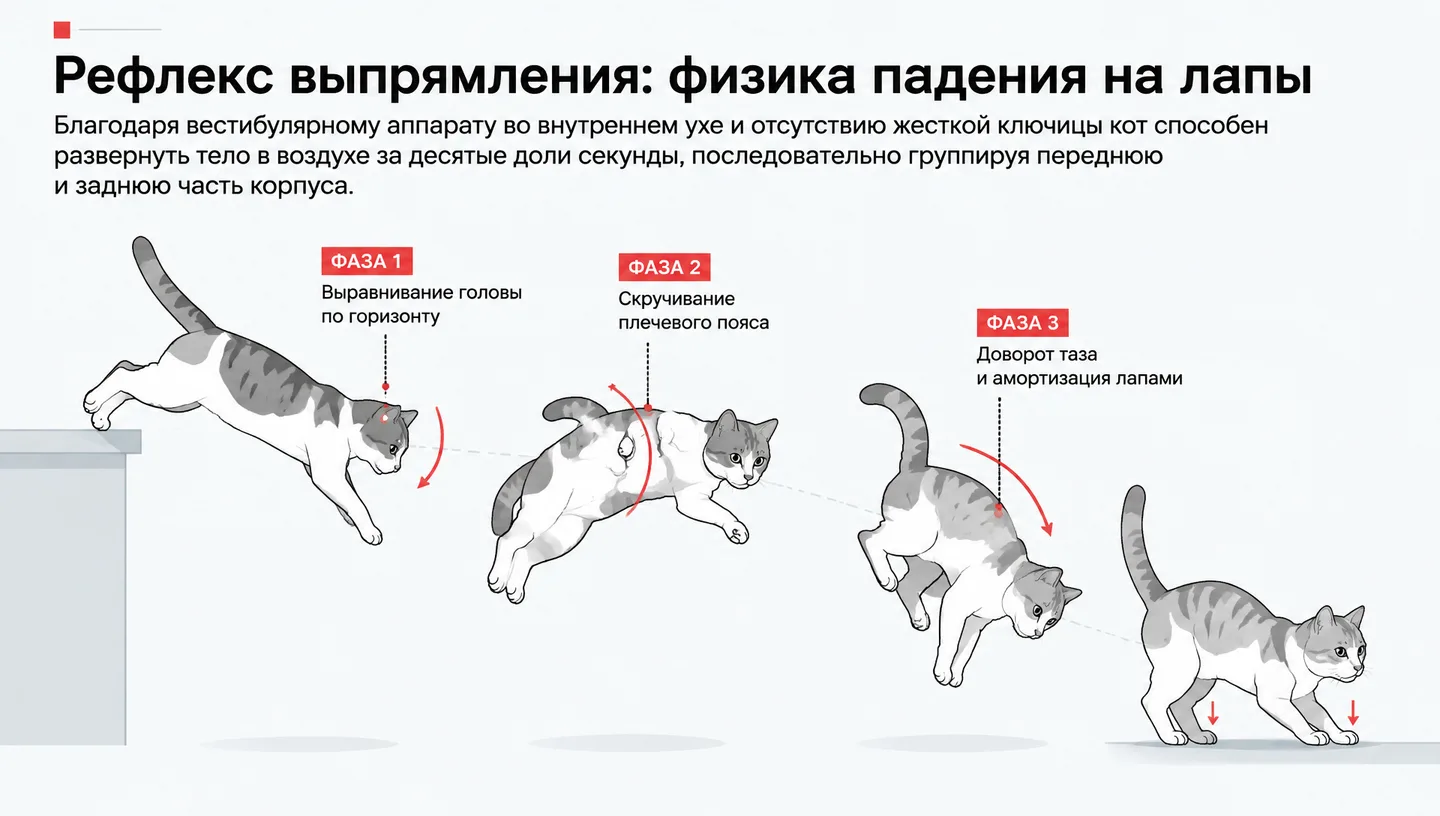Рефлекс выпрямления: физика падения на лапы