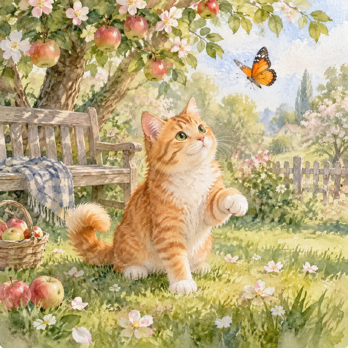 Акварельная иллюстрация: рыжий кот смотрит на бабочку в яблоневом саду, за ним деревянная скамья